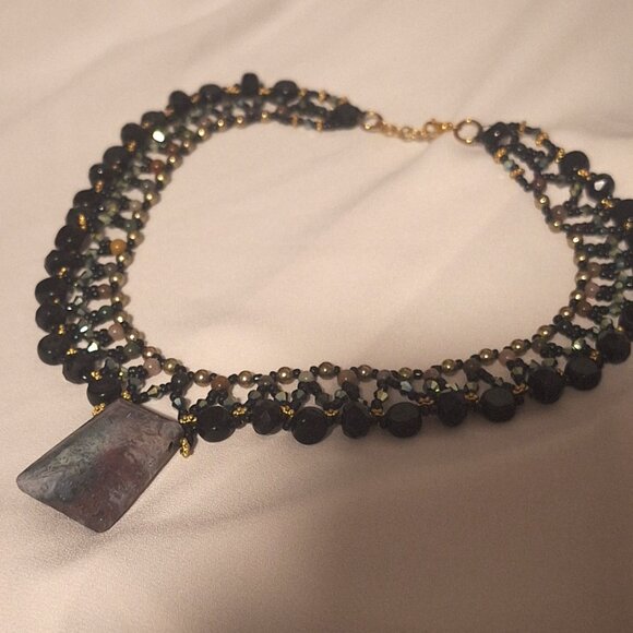 Artisan Dark Agate and Iridescent Crystal Bead Collar Necklace with Gold Accents - Picture 7 of 7